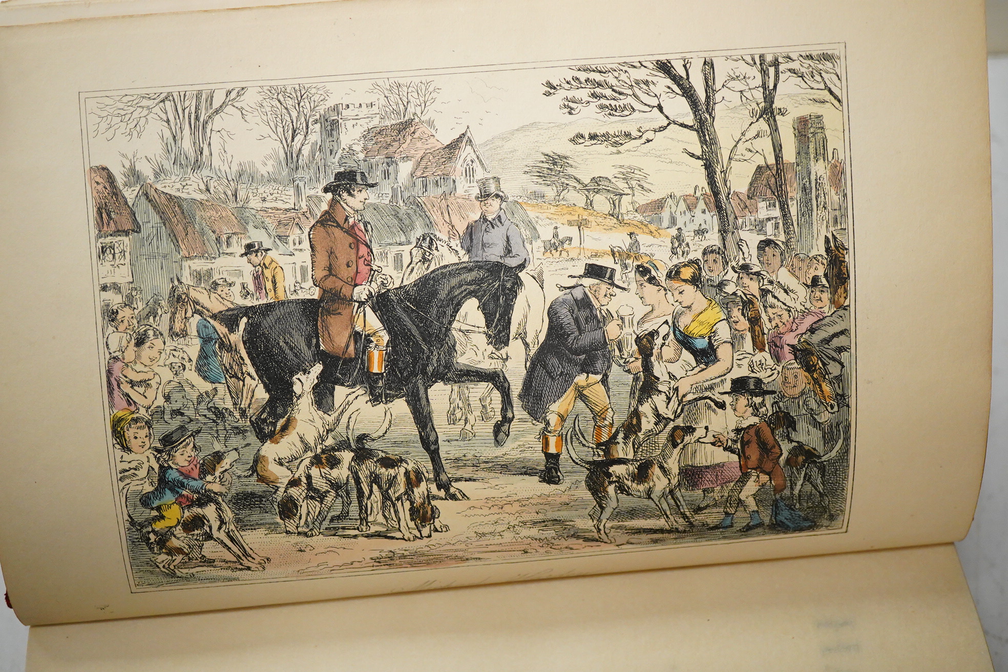 [Surtees, John - Sporting Novels], subscriber's edition, 6 vols. coloured title vignettes and num. hand coloured plates (by John Leech & H.K. Browne); contemp. gilt pictorial, decorated and ruled red calf, panelled spine